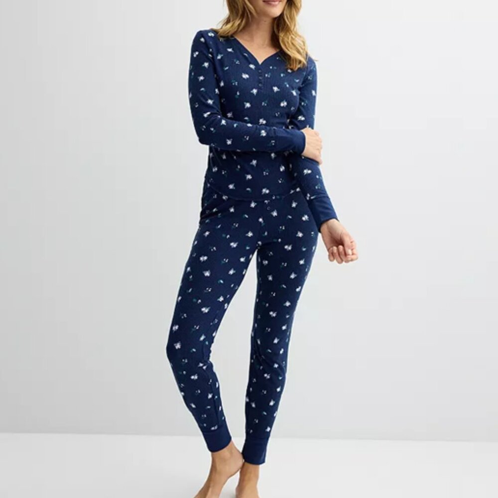 Sonoma Floral Thermal Waffle Pajamas 2 PC Henley Top & Jogger Pant Size Large